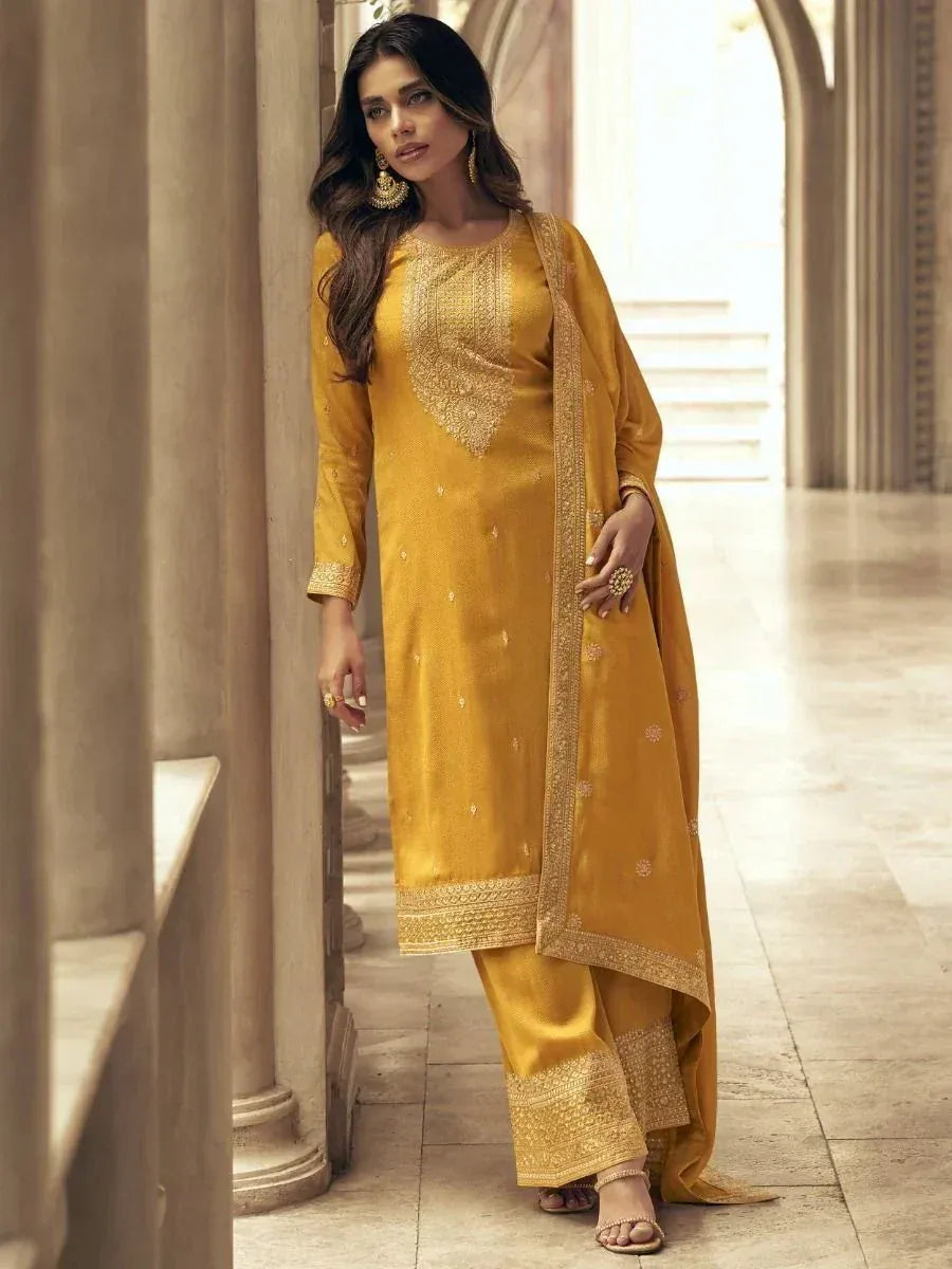 Mustard yellow embroidered salwar kameez with matching dupatta, ethnic Indian wear for women