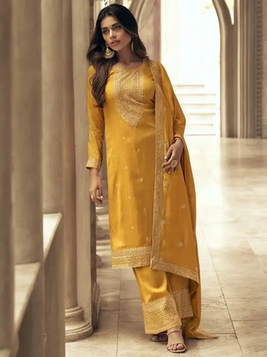 Enthralling Yellow Sequins Embroidery Silk Haldi Wear Palazzo Suit