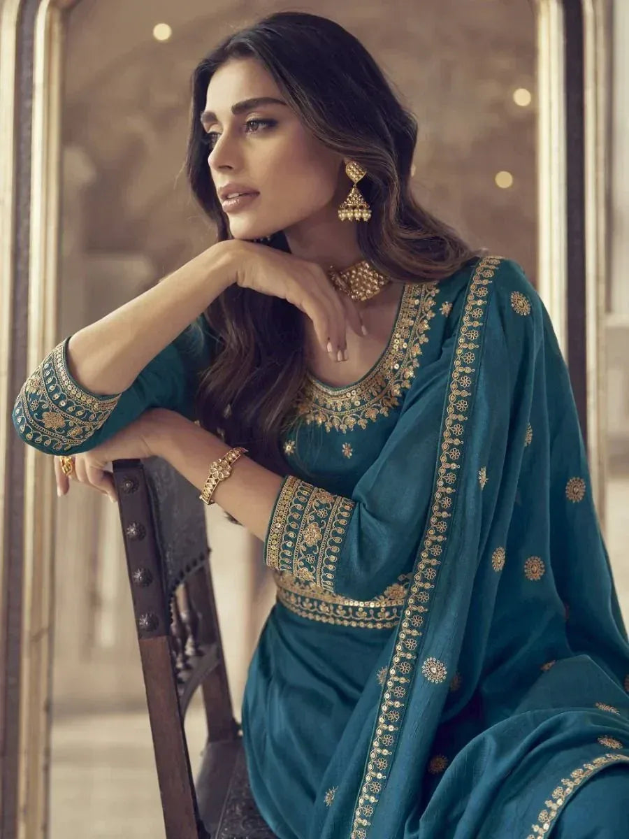 Teal ethnic salwar kameez with gold embroidery, perfect for Indian festive occasions