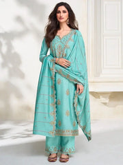 Gorgeous Turquoise Embroidered Silk Event Wear Pant Suit With Dupatta