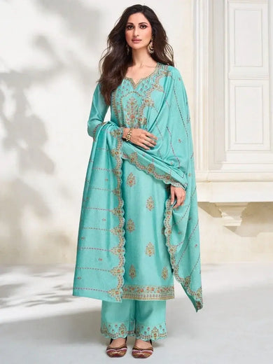 Gorgeous Turquoise Embroidered Silk Event Wear Pant Suit With Dupatta