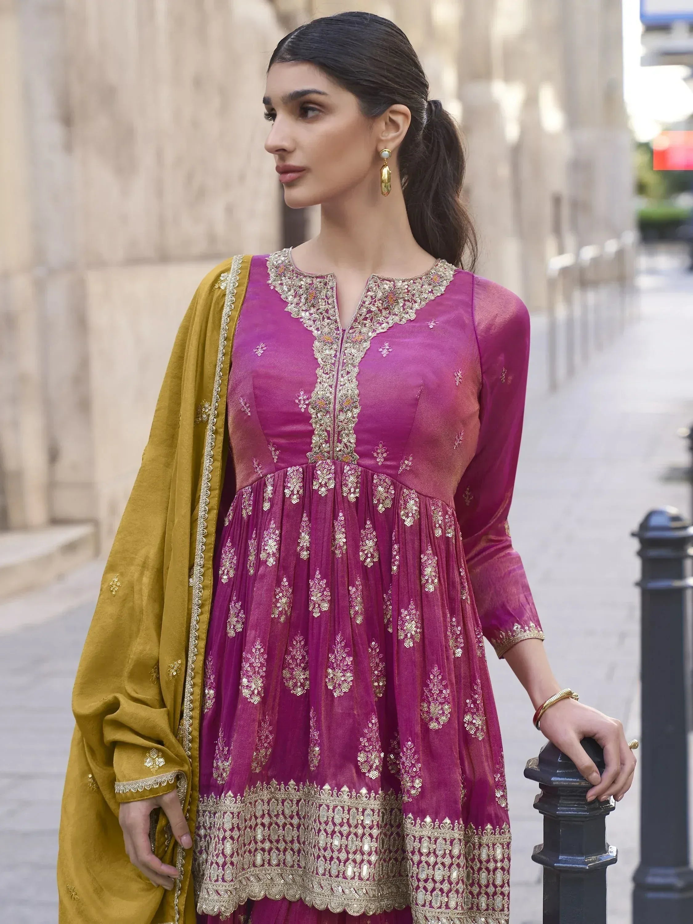 Purple embroidered anarkali with gold detailing and mustard dupatta, Indian ethnic wear