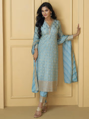 Fantastical Powder Blue Sequins Jacquard Wedding Wear Pant Suit