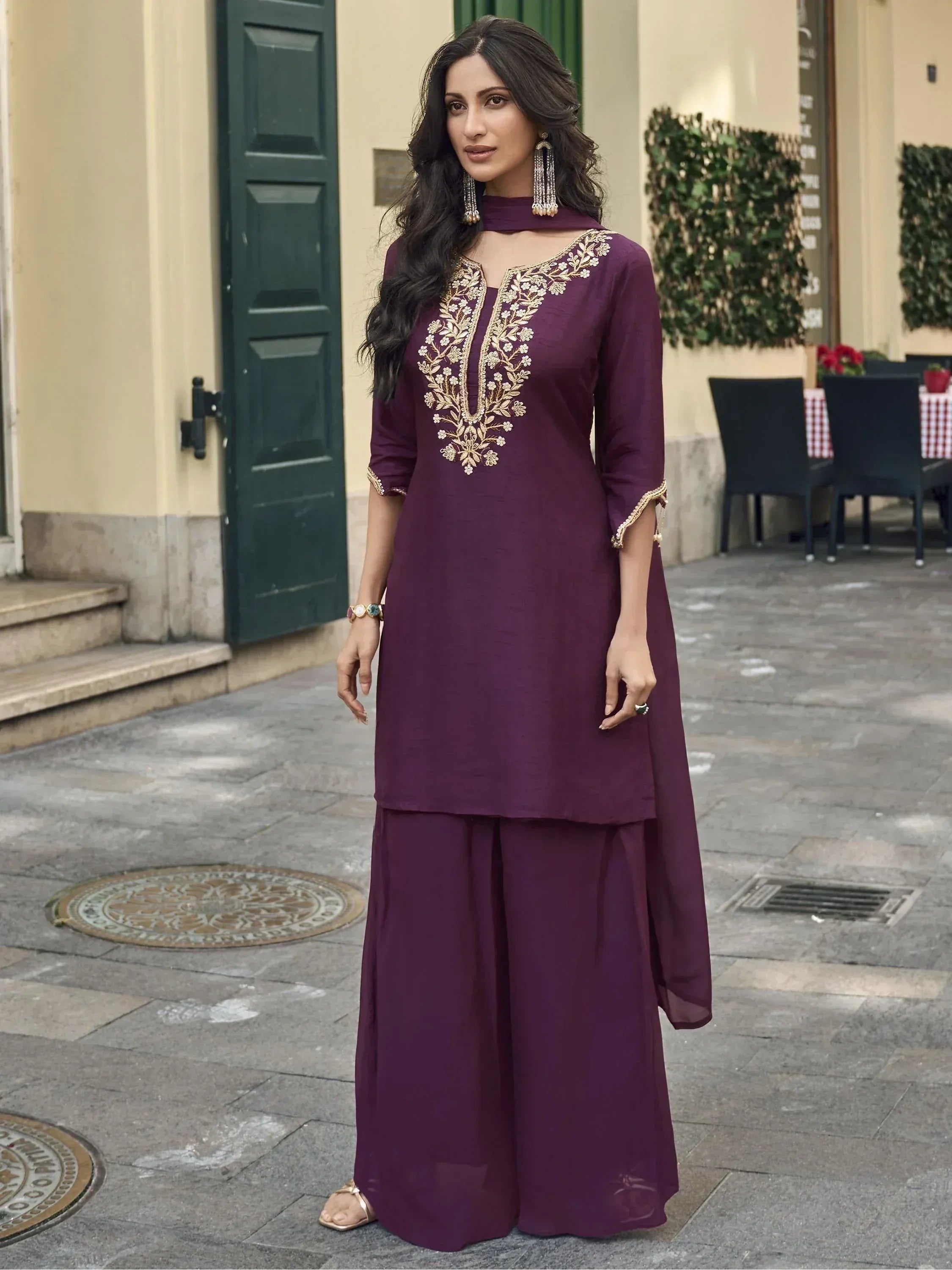 Purple ethnic salwar kameez with gold embroidery, stylish Indian wear for women
