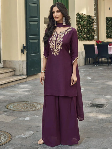 Alluring Wine Color Jacquard Silk Party Wear Sharara Suit With Dupatta