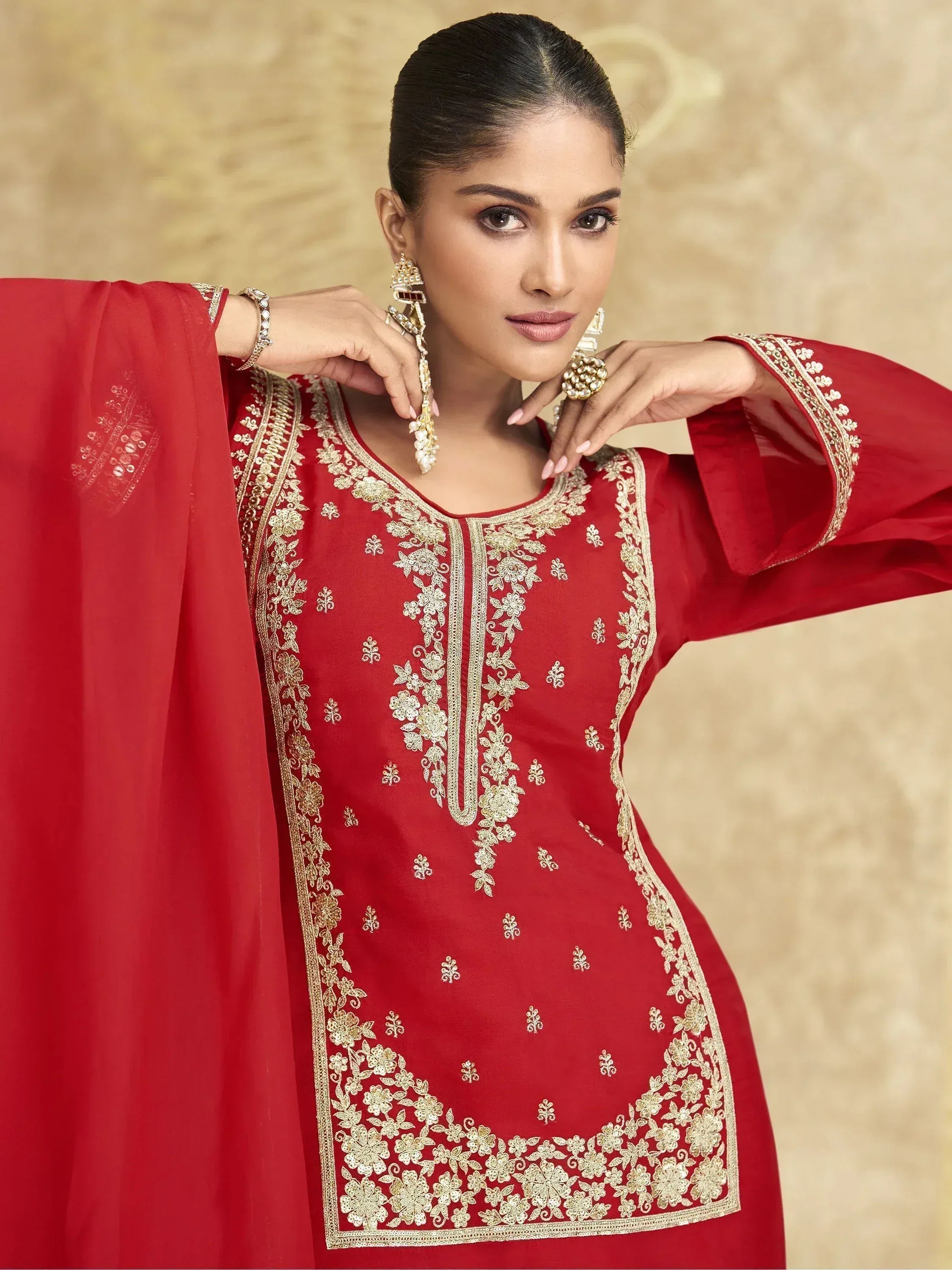 Red embroidered Indian ethnic kurta with gold floral work and matching dupatta