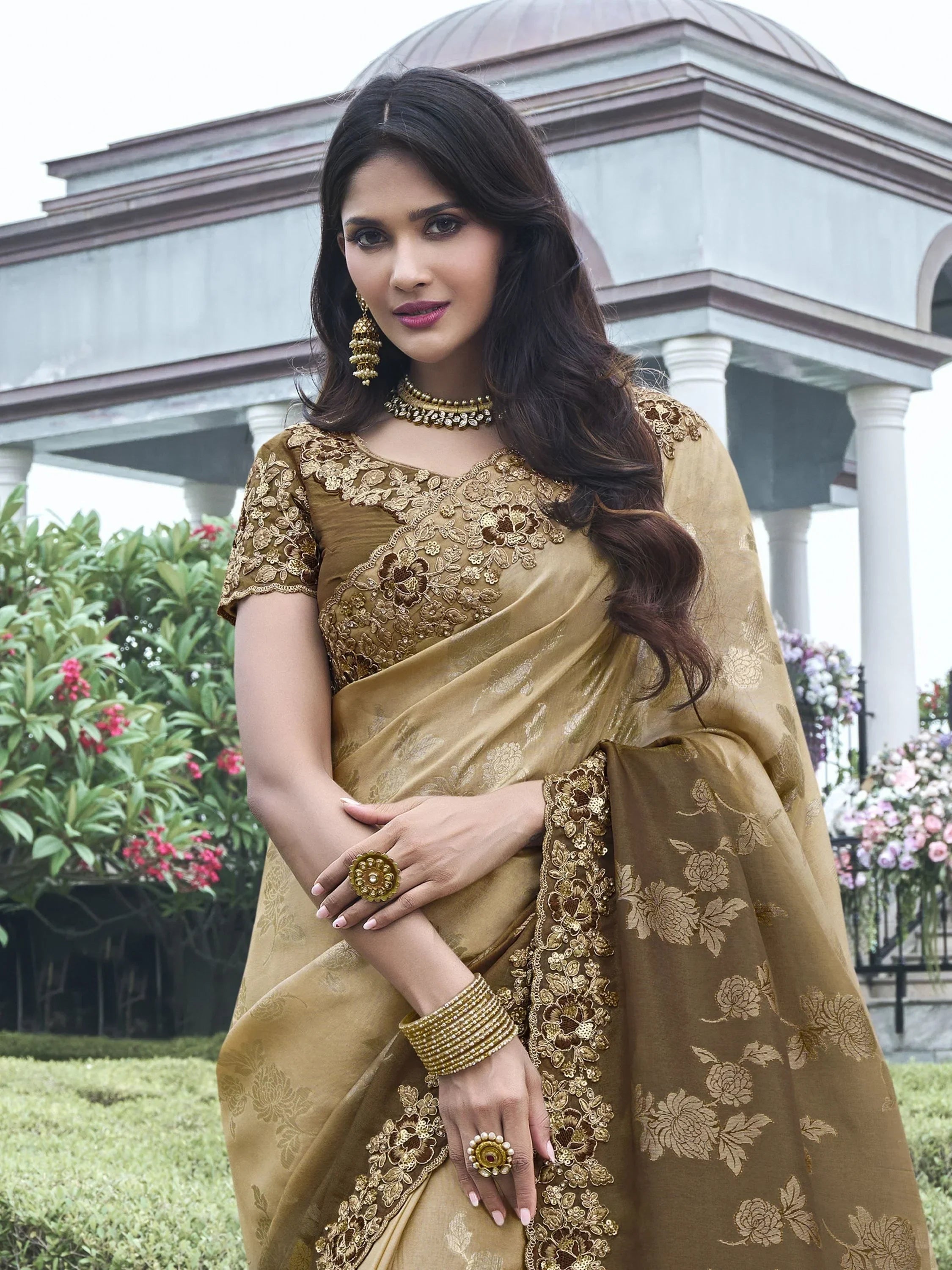 Pretty Cream Heavy Border Work Organza Silk Event Wear Saree