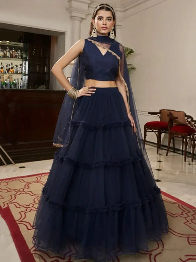 Astonishing Navy Blue Frill Soft Net Lehenga Choli