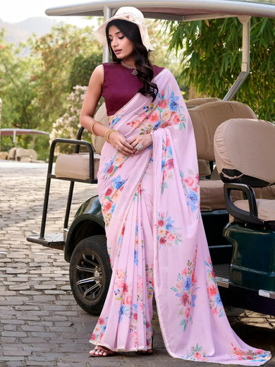 Stunning Light Purple Floral Printed Crepe Saree With Blouse