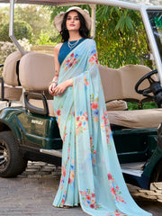 Glamorous Sky-Blue Floral Printed Crepe Office Wear Saree With Blouse
