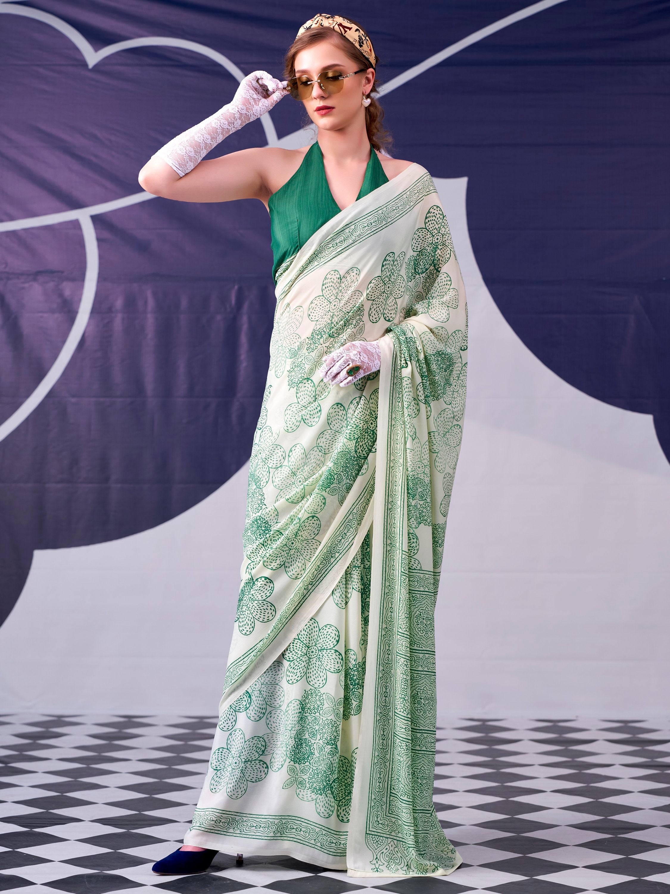Rich Pista Green Floral Printed Satin Mehendi Wear Saree With Blouse