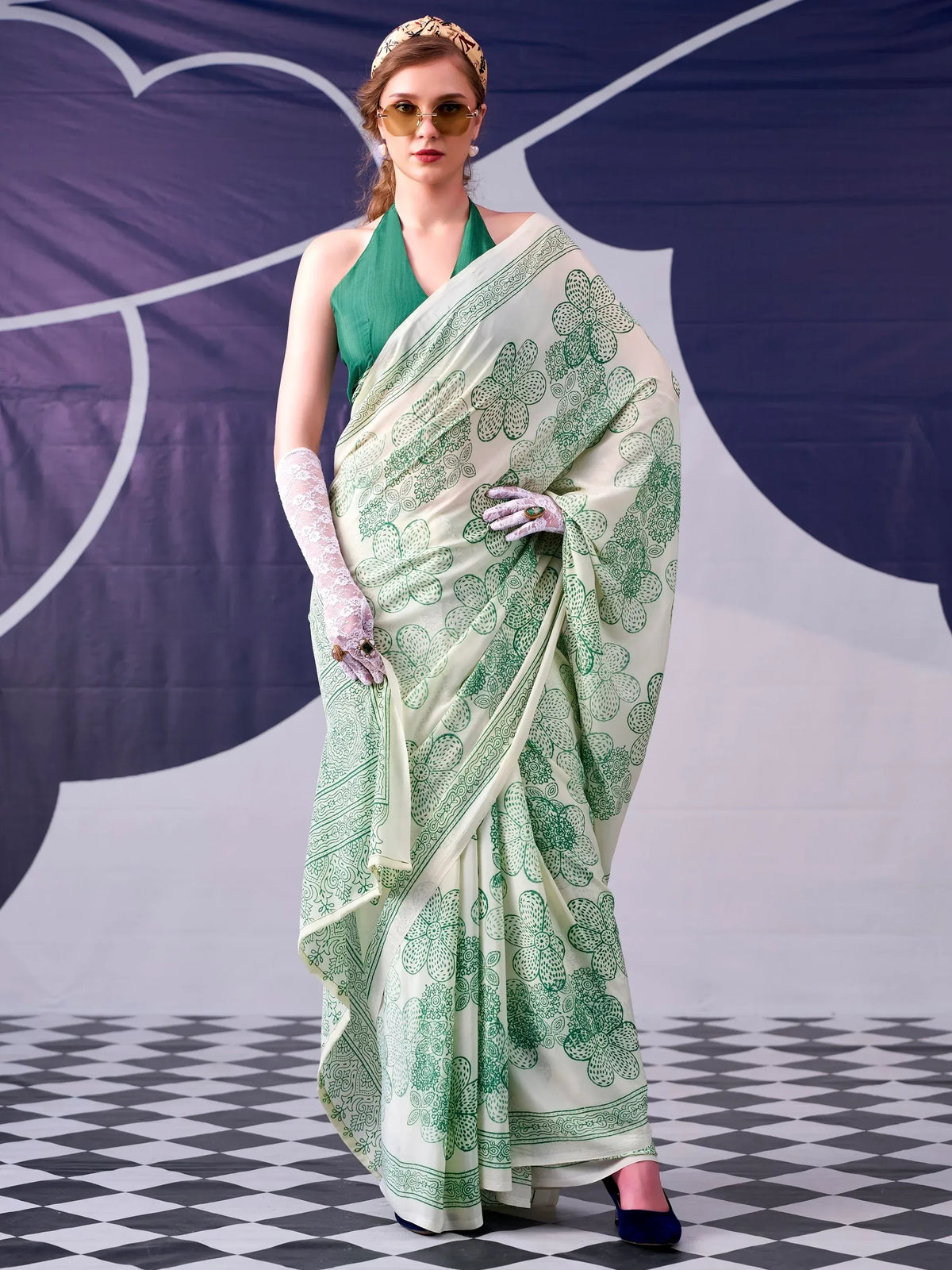 Rich Pista Green Floral Printed Satin Mehendi Wear Saree With Blouse