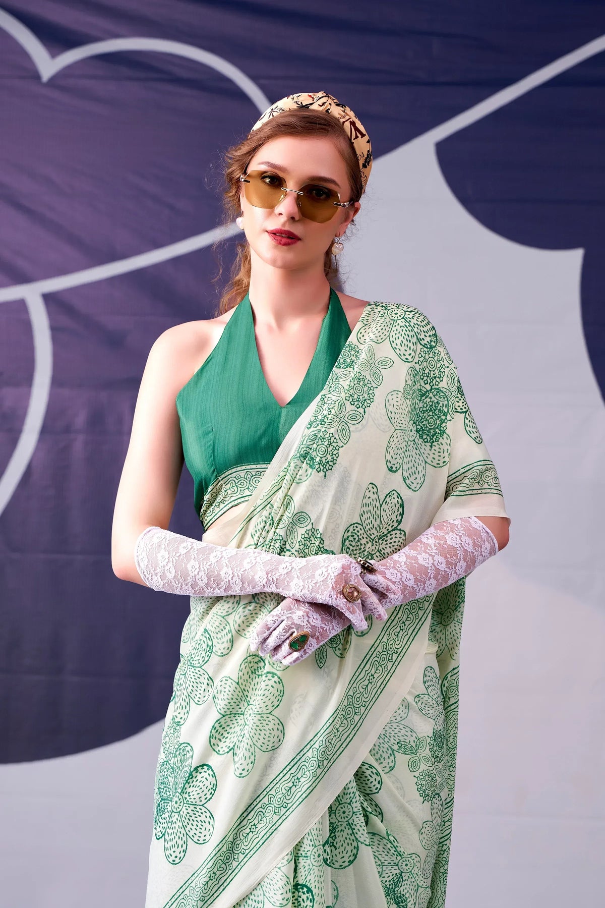 Rich Pista Green Floral Printed Satin Mehendi Wear Saree With Blouse
