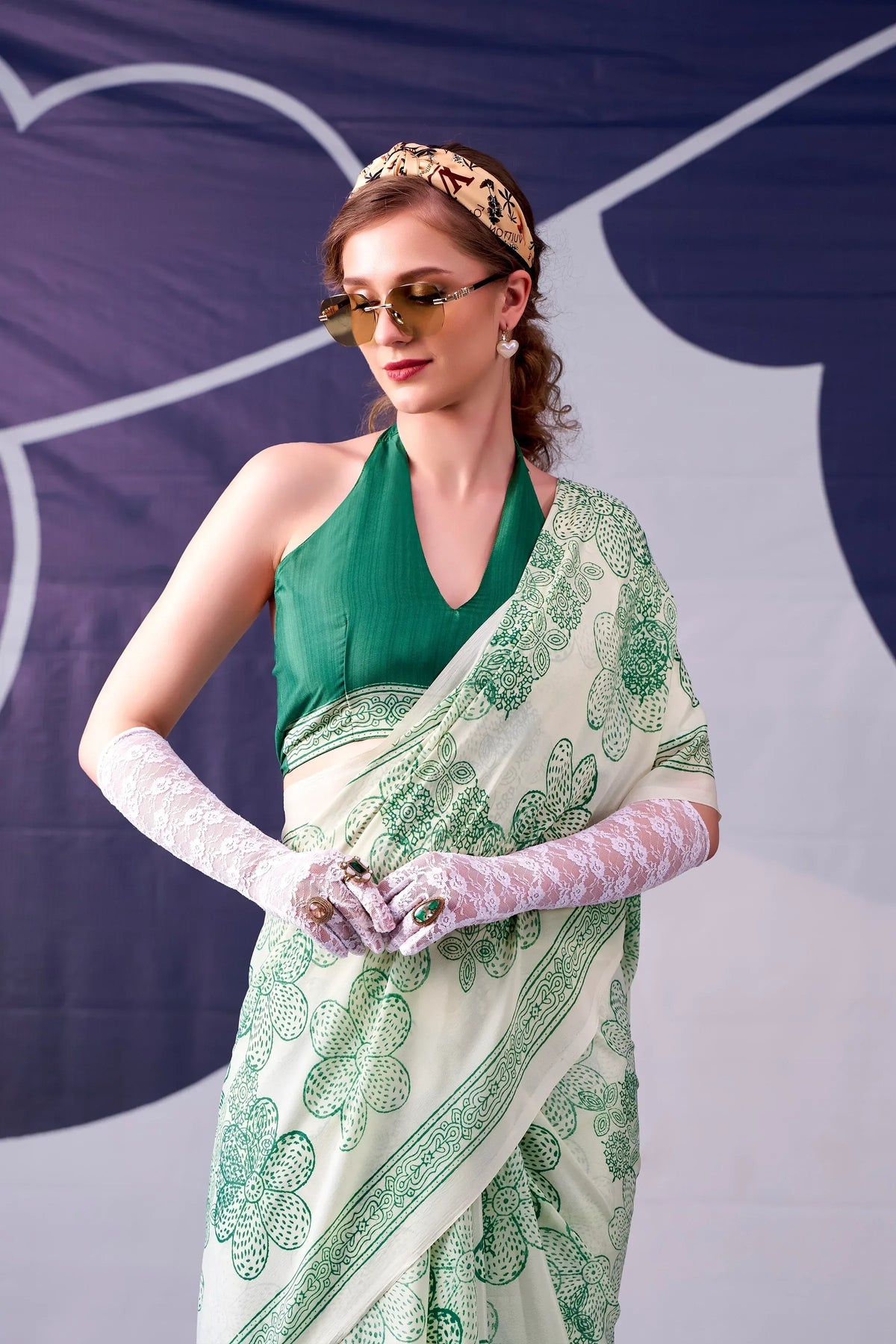 Rich Pista Green Floral Printed Satin Mehendi Wear Saree With Blouse