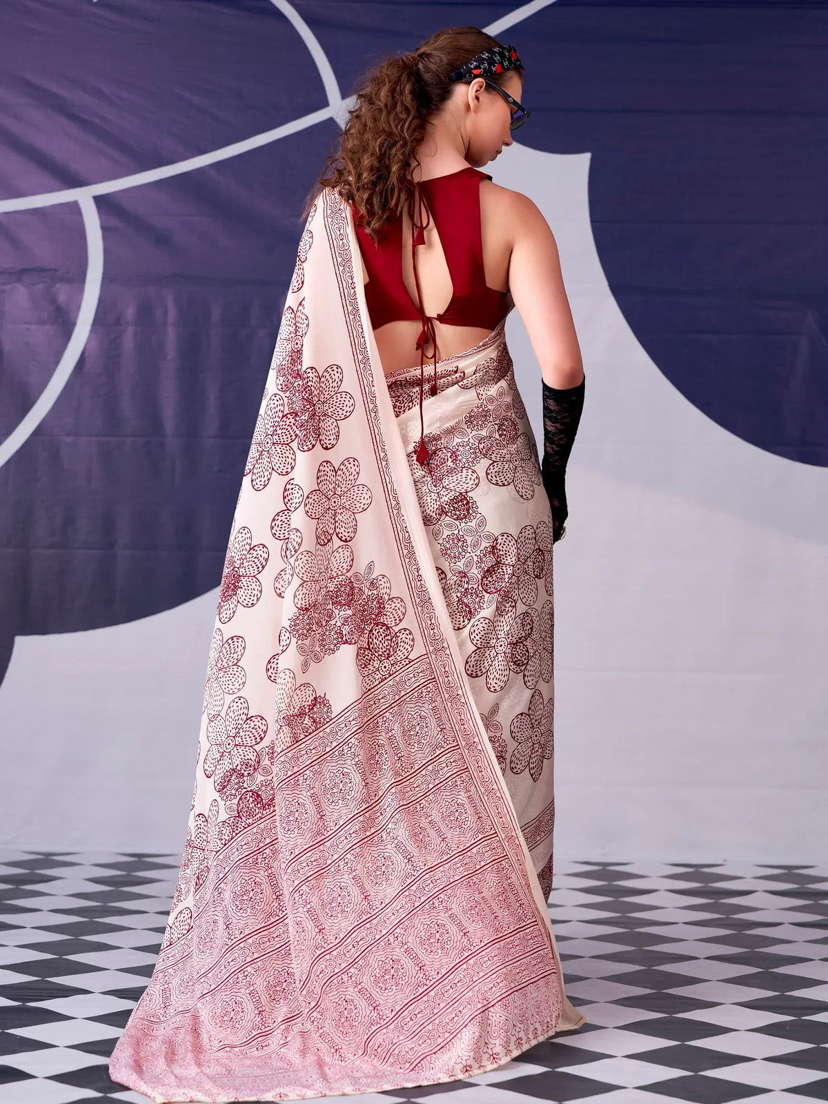Charming Cream Printed Satin Marriage Wear Saree With Blouse