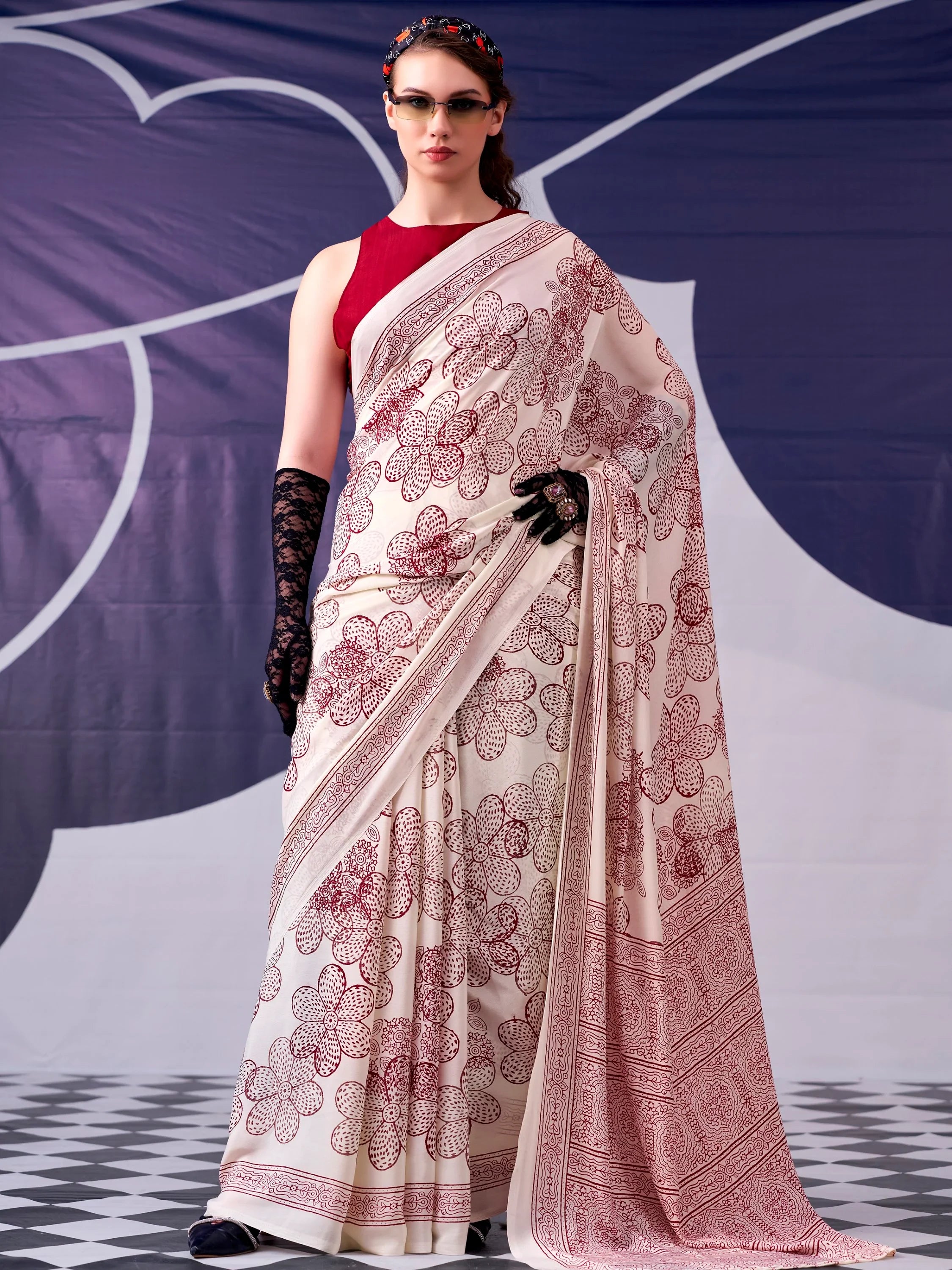 Charming Cream Printed Satin Marriage Wear Saree With Blouse