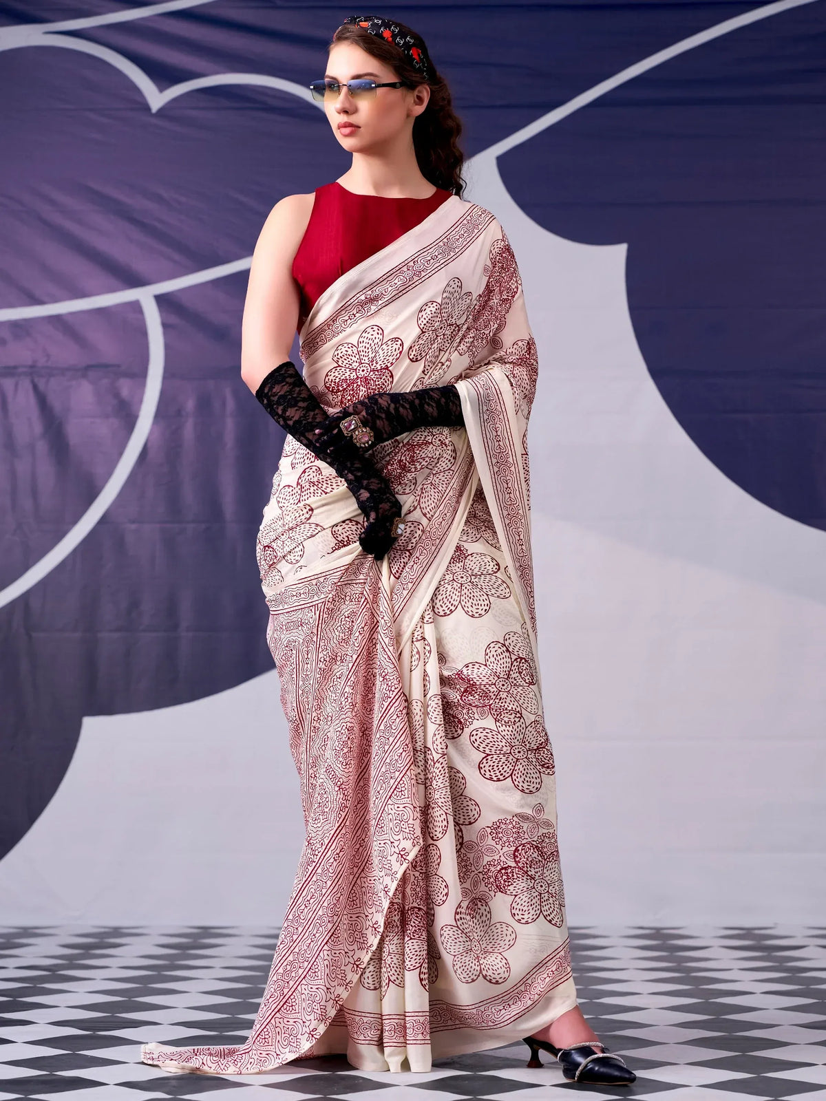 Charming Cream Printed Satin Marriage Wear Saree With Blouse