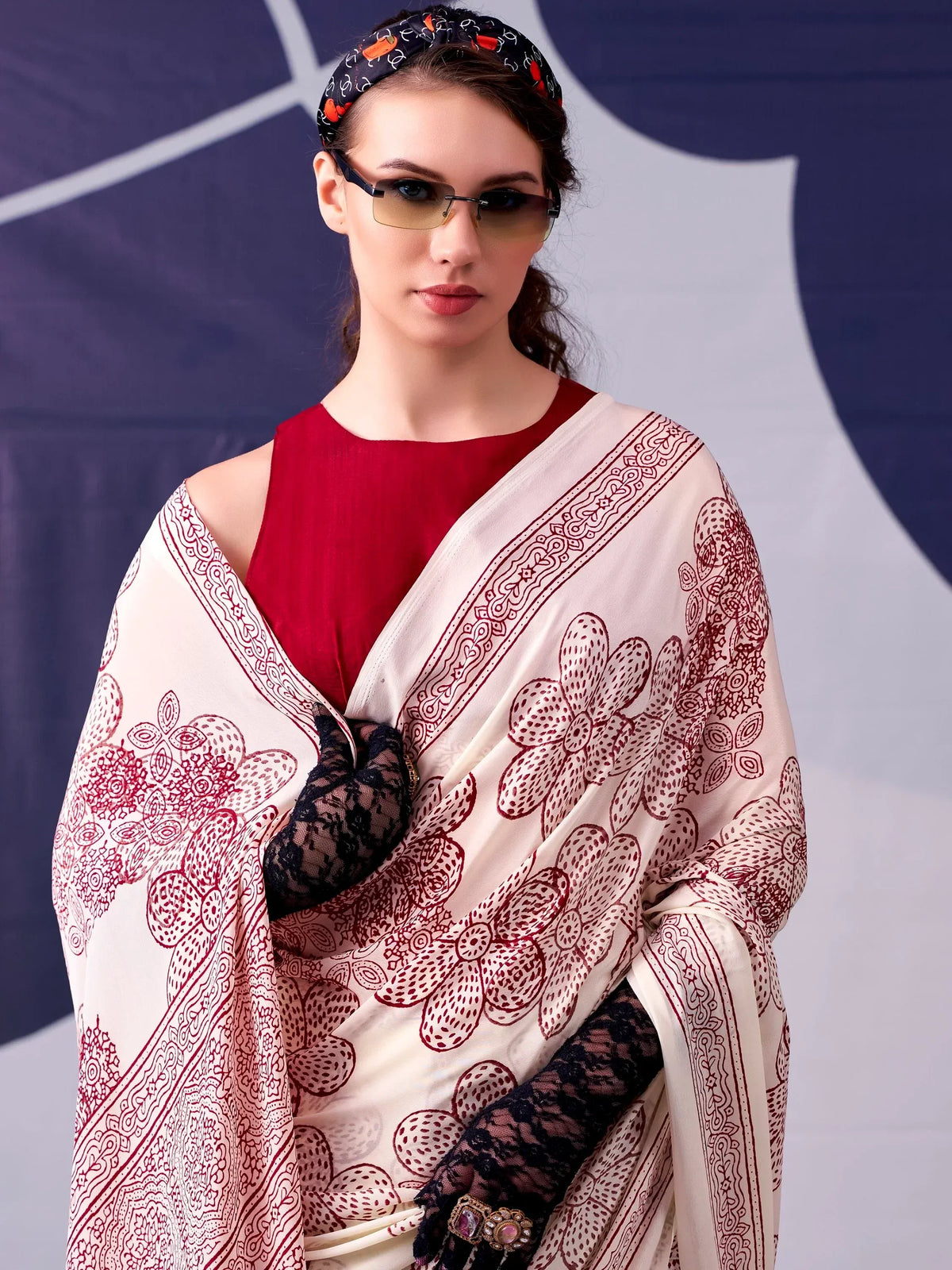 Charming Cream Printed Satin Marriage Wear Saree With Blouse