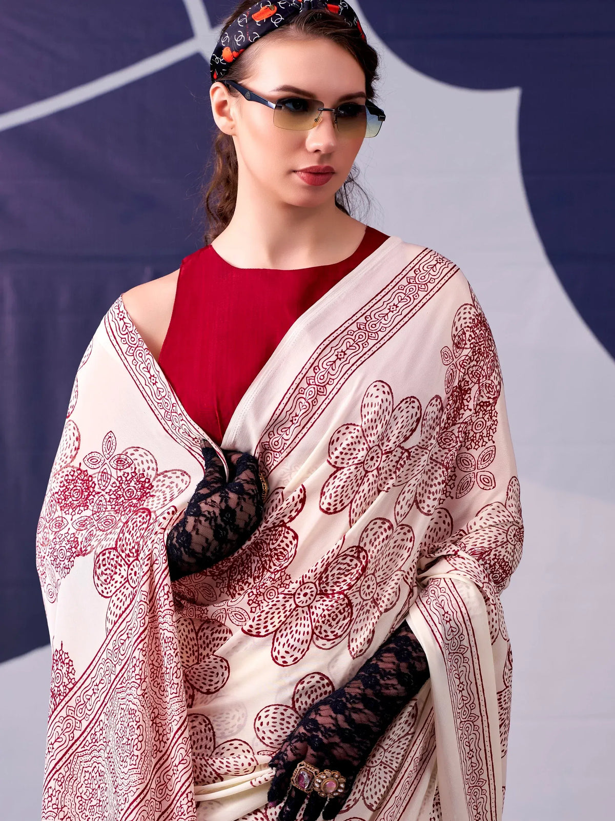 Charming Cream Printed Satin Marriage Wear Saree With Blouse