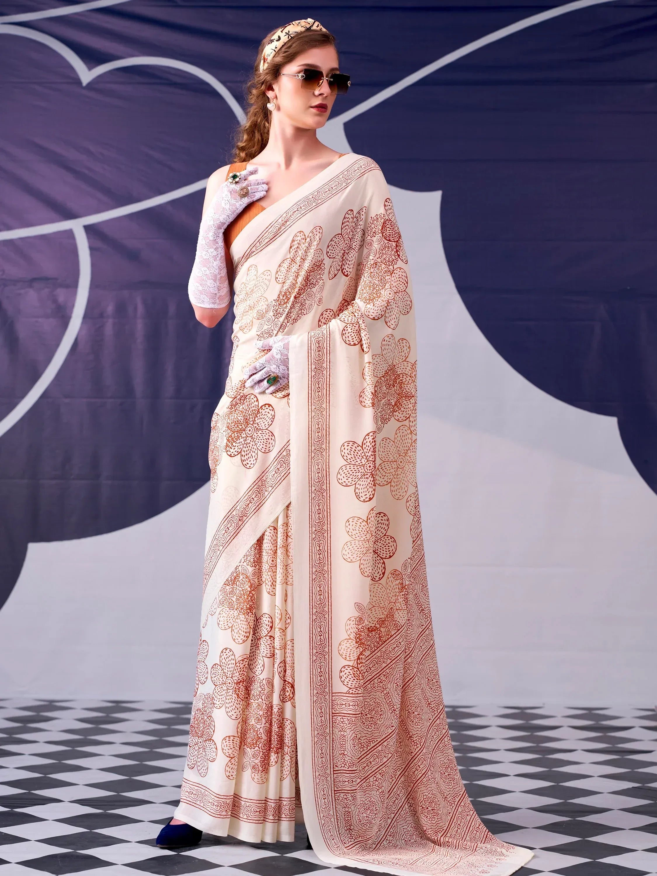 Attractive Peach Floral Printed Satin Function Wear Saree With Blouse