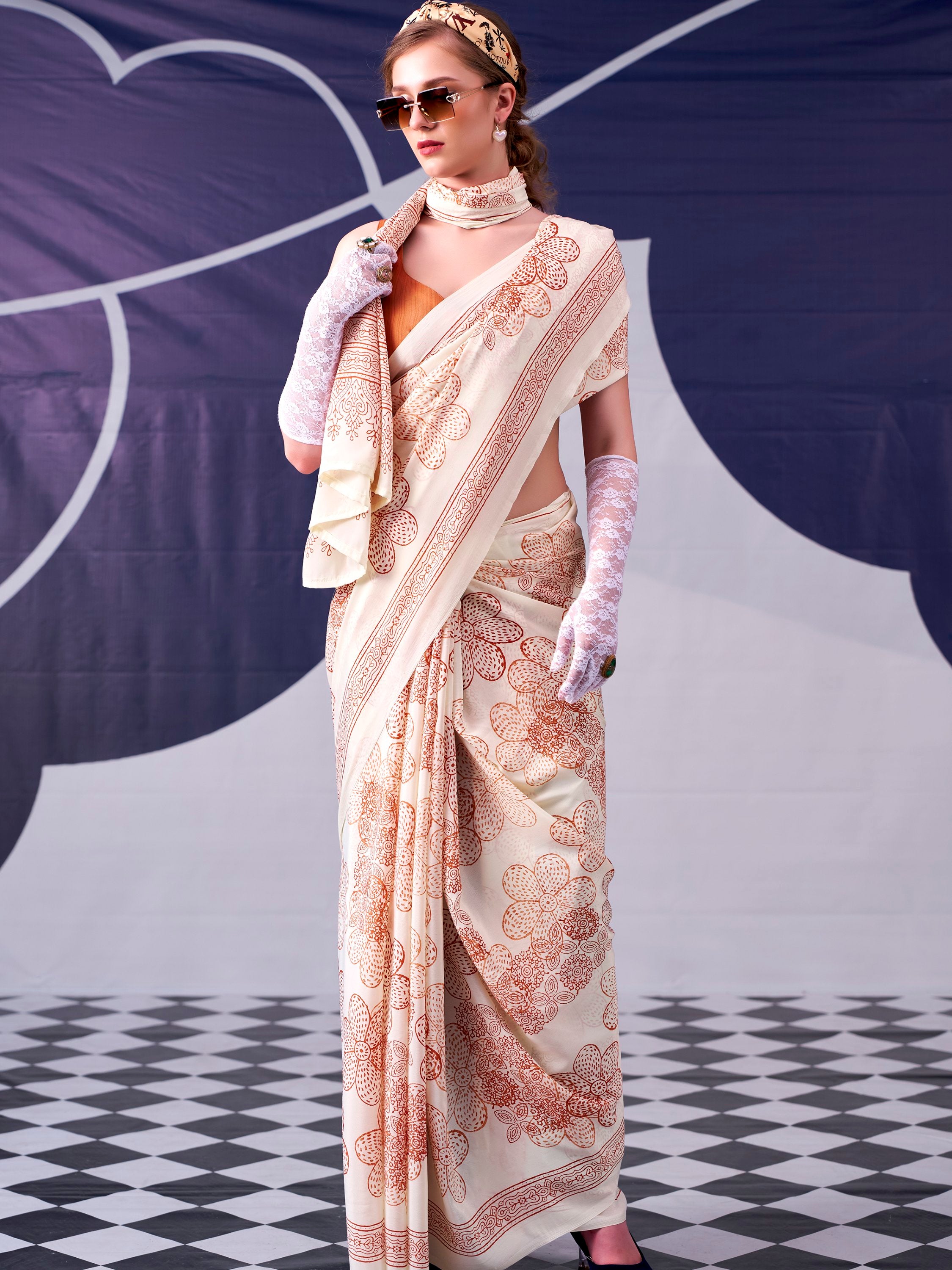 Attractive Peach Floral Printed Satin Function Wear Saree With Blouse
