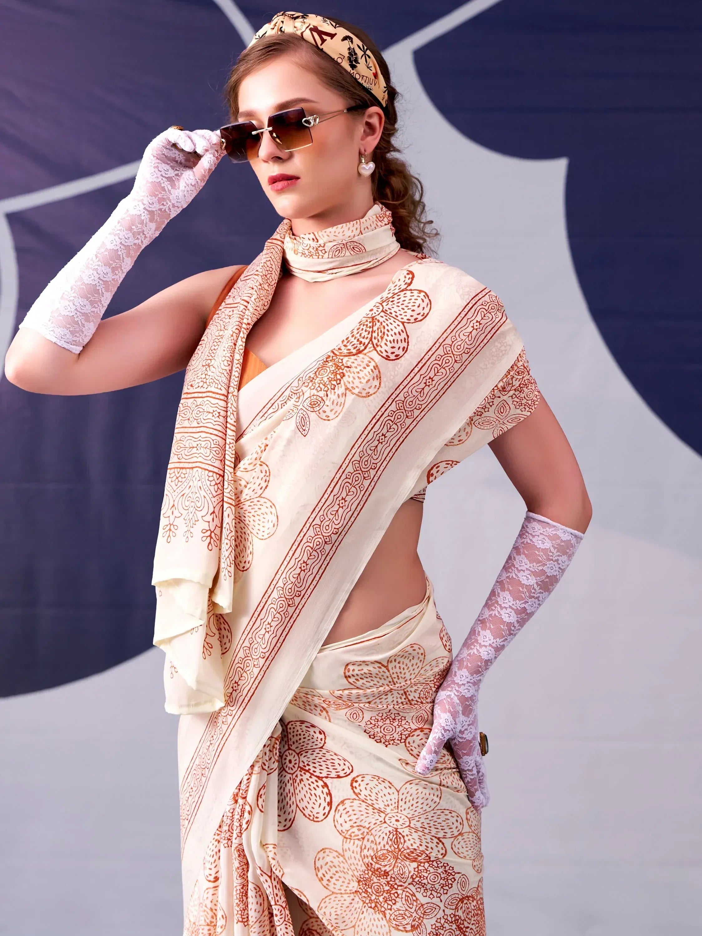 Attractive Peach Floral Printed Satin Function Wear Saree With Blouse