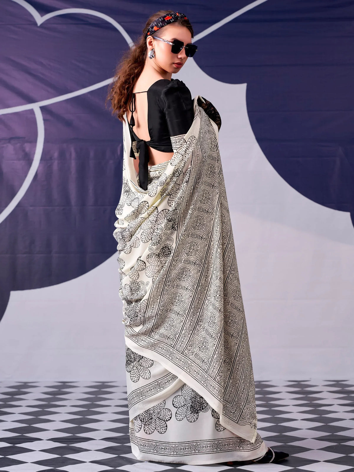 Delightful Black Digital Printed Satin Evening Wear Saree With Blouse