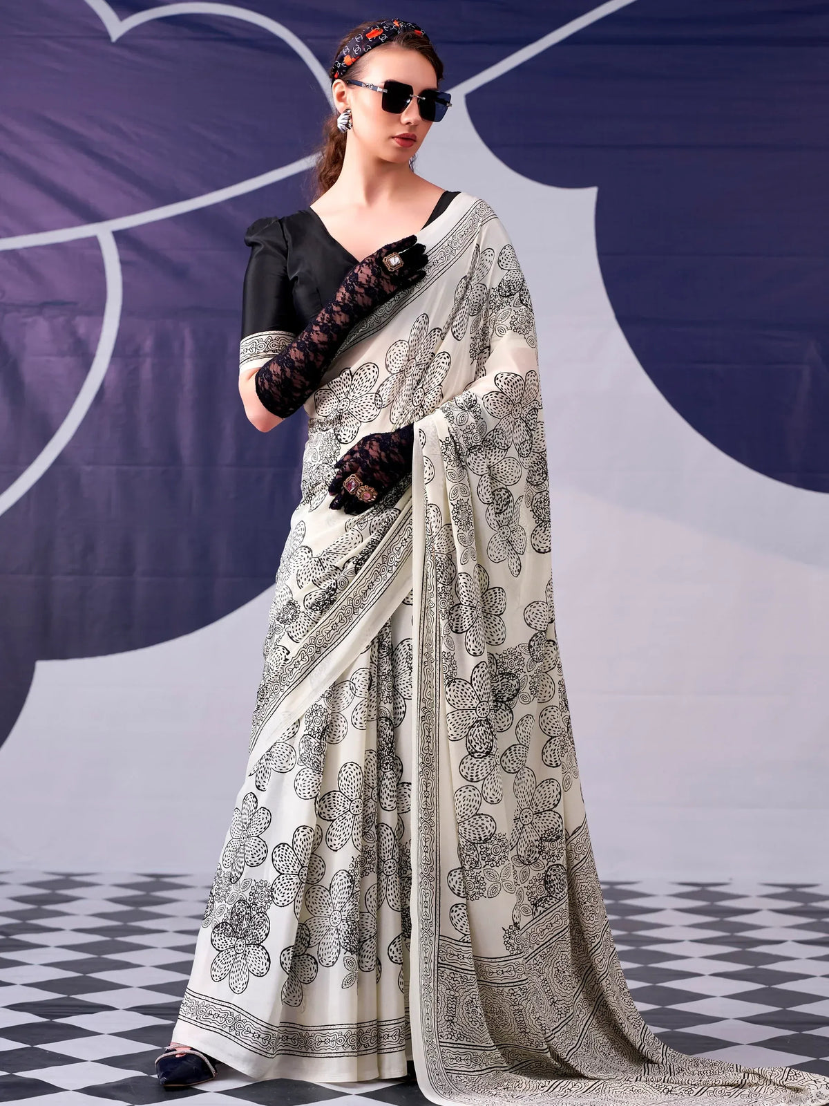 Delightful Black Digital Printed Satin Evening Wear Saree With Blouse