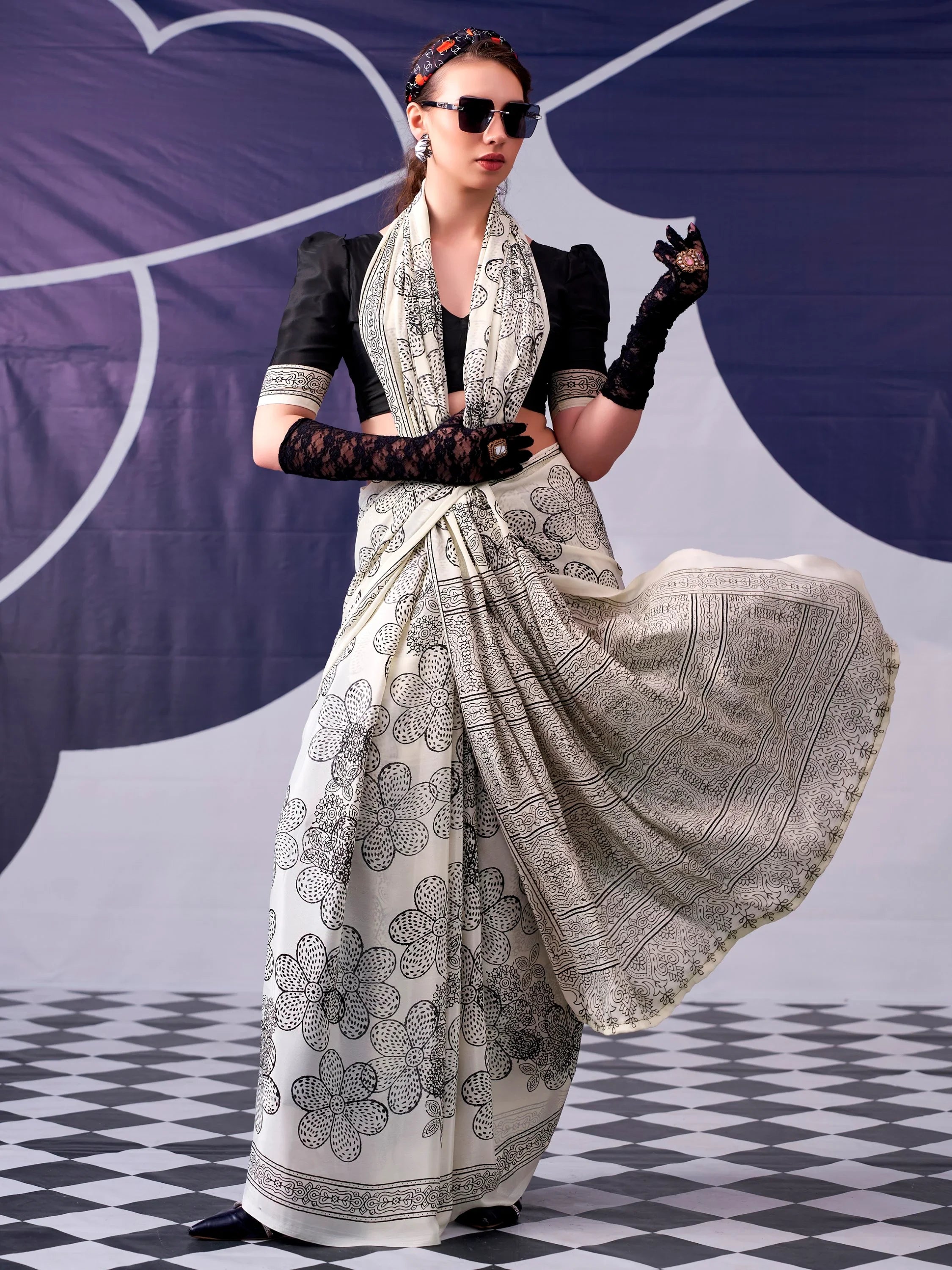 Delightful Black Digital Printed Satin Evening Wear Saree With Blouse