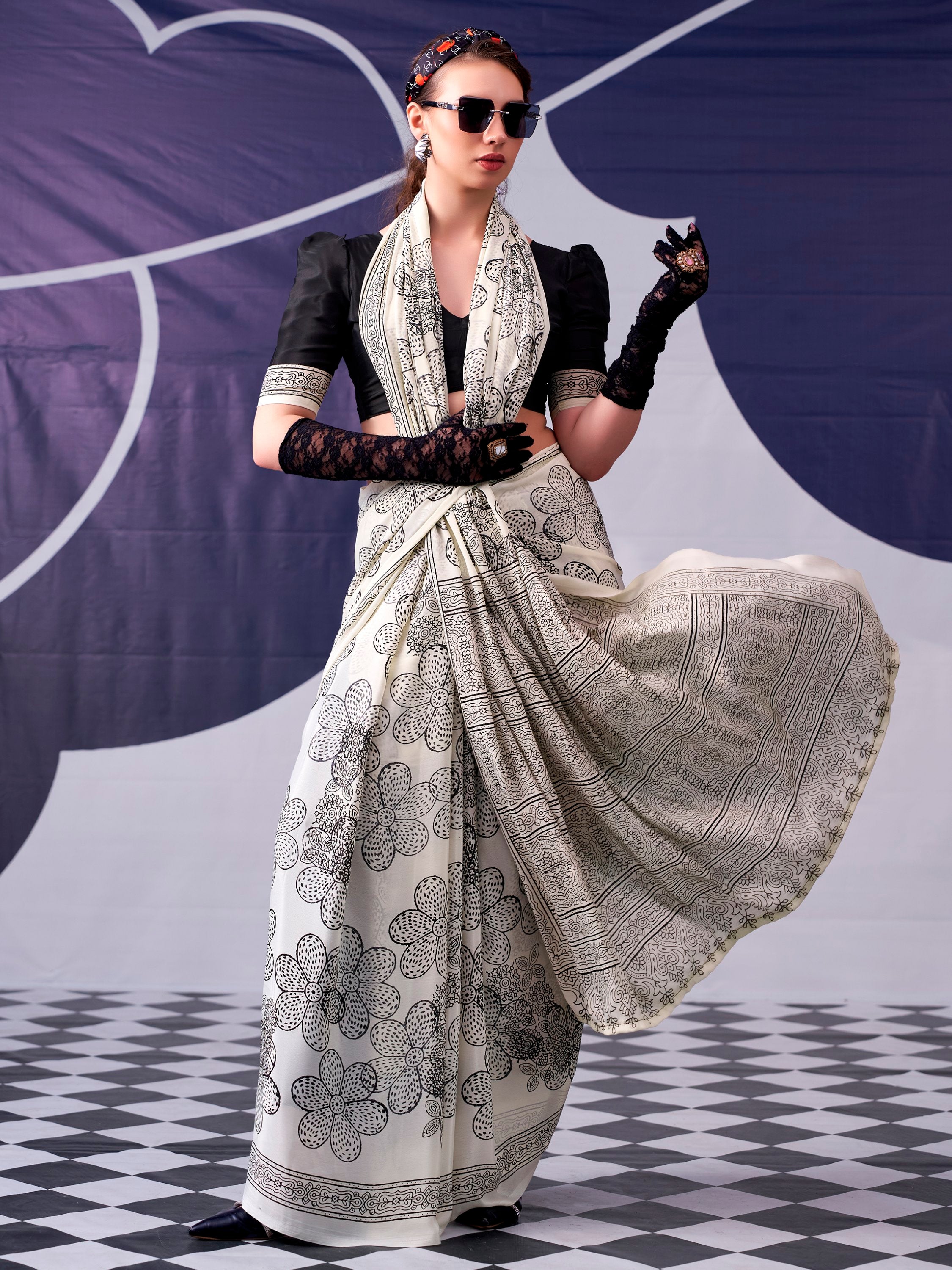 Delightful Black Digital Printed Satin Evening Wear Saree With Blouse