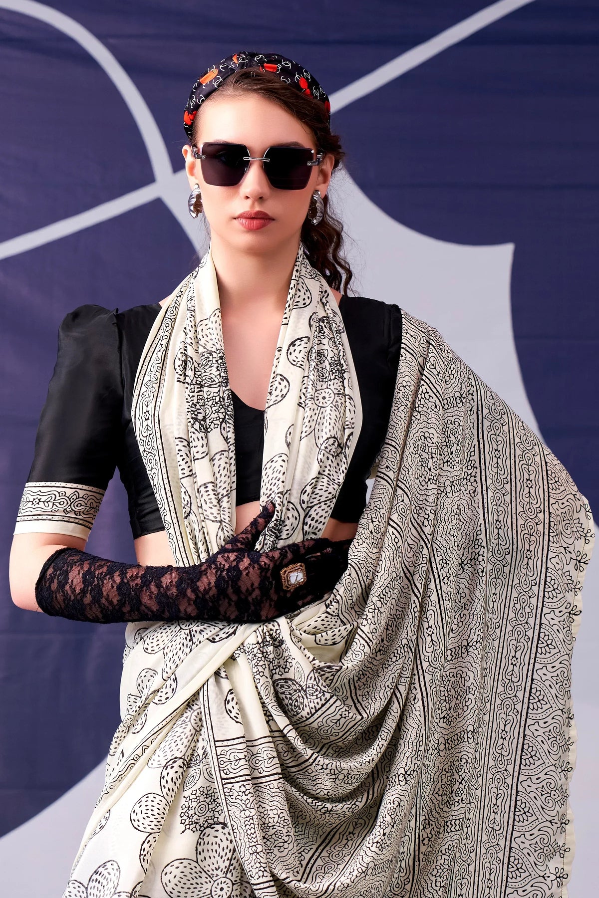 Delightful Black Digital Printed Satin Evening Wear Saree With Blouse