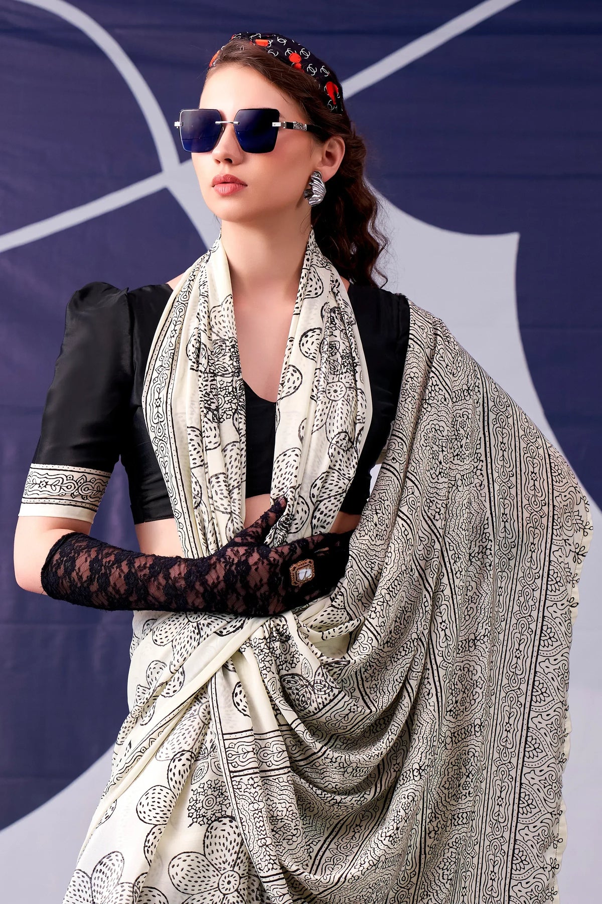 Delightful Black Digital Printed Satin Evening Wear Saree With Blouse