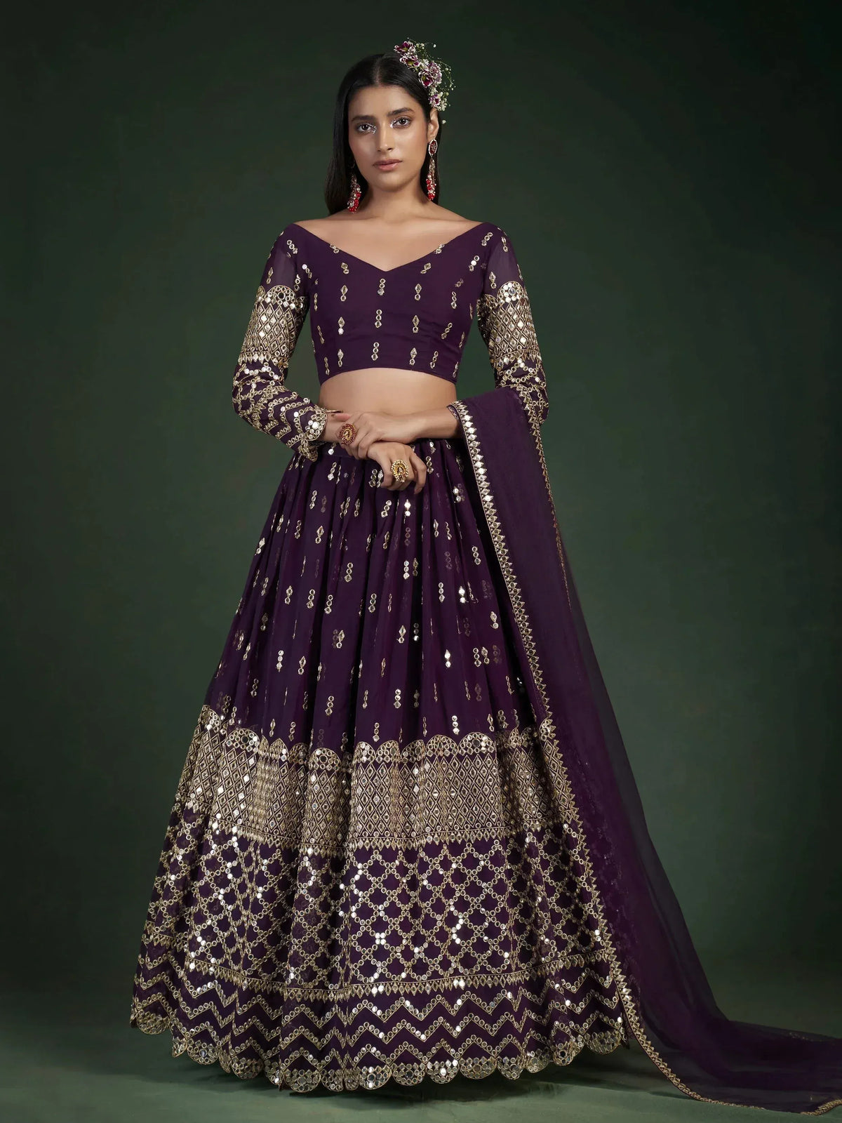 Purple designer lehenga choli with gold mirror work, perfect for Indian ethnic wear and weddings.