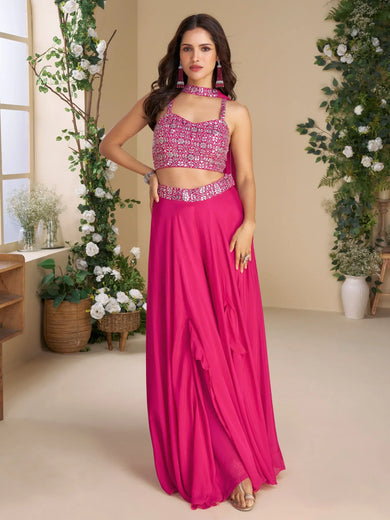 Marvelous Rani Pink Sequins Embroidered Crop Top Palazzo With Dupatta