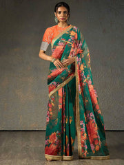 Sabyasachi Green Floral Organza Wedding Wear Saree With Blouse