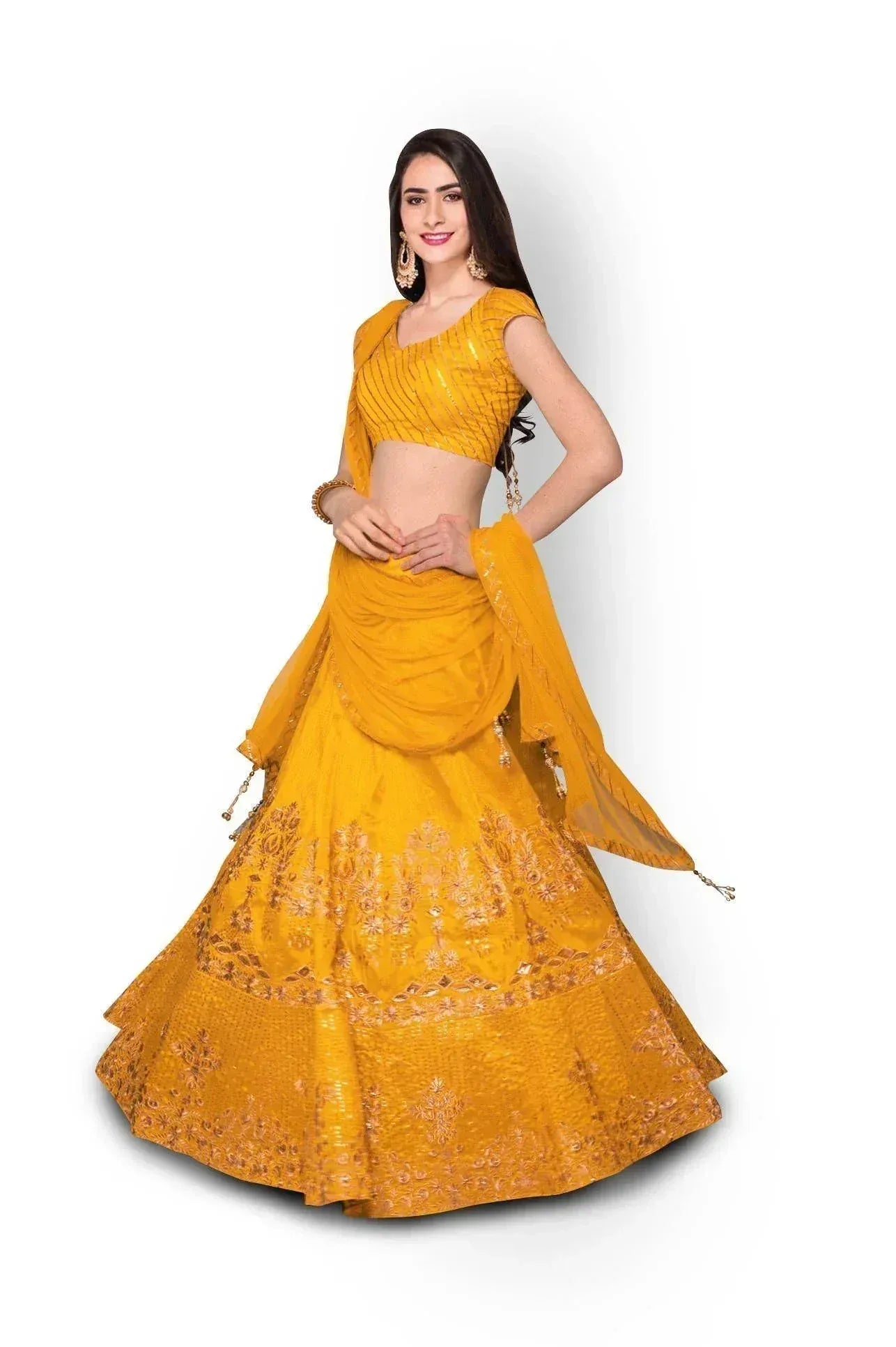 Yellow designer lehenga choli with intricate embroidery and dupatta, perfect for Indian ethnic occasions