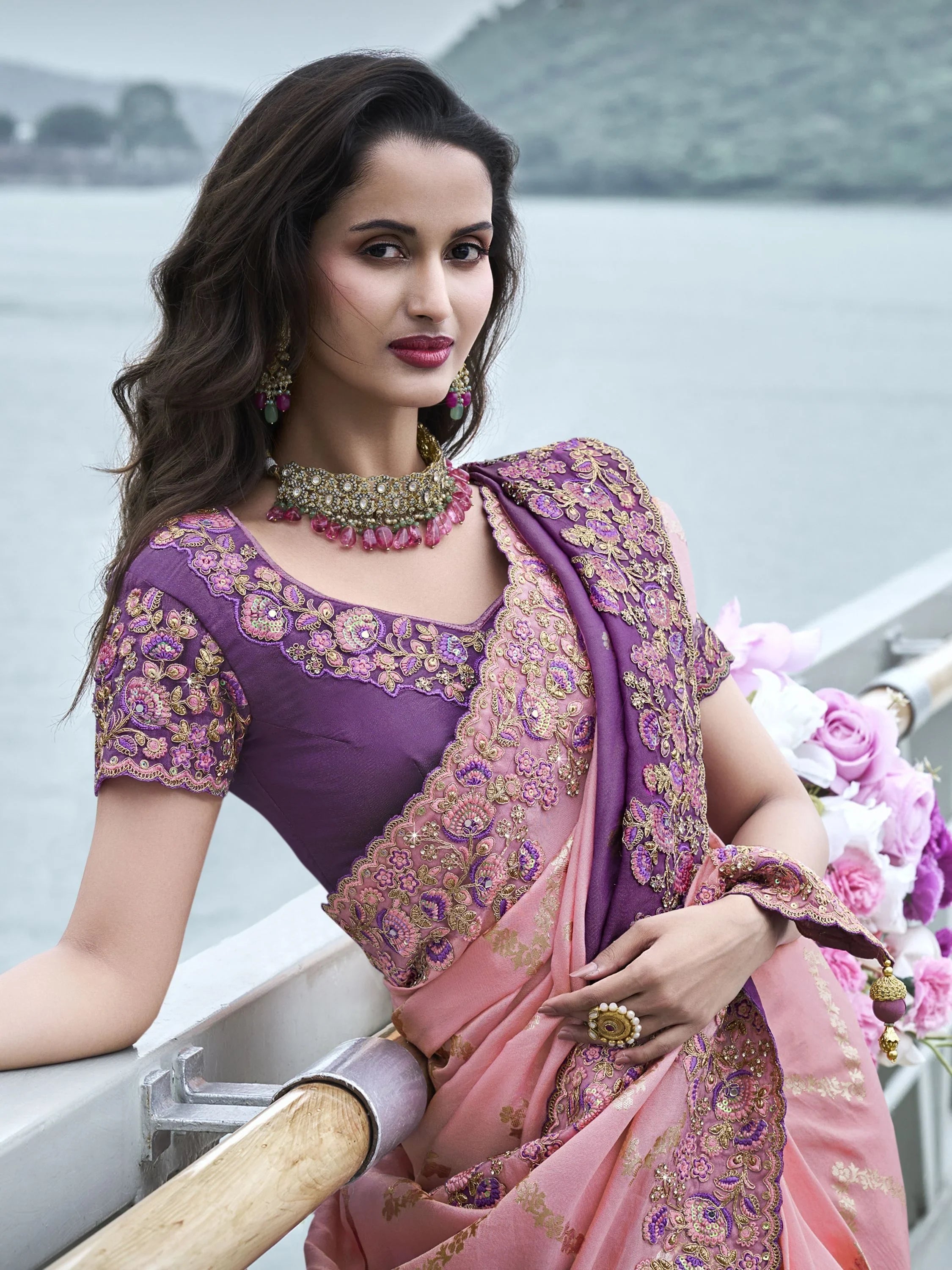 Appealing Dusty Pink Zari Work Organza Silk Function Wear Saree