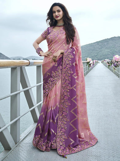 Appealing Dusty Pink Zari Work Organza Silk Function Wear Saree