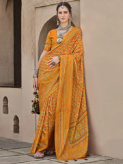 Bewitching Mustard Patola Printed Silk Haldi Wear Saree With Blouse
