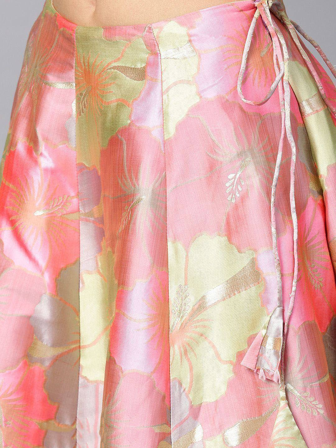 Pink floral printed ethnic skirt with golden accents and drawstring waist