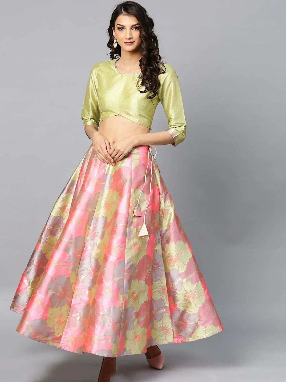 Olive Green Floral Jacquard Party Wear Lehenga Choli With Dupatta