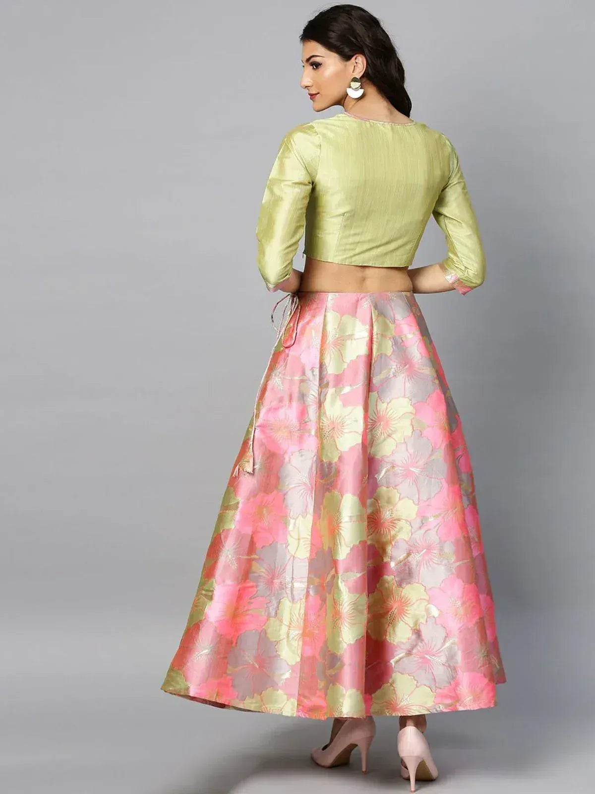 Floral pink and green lehenga choli with designer blouse for Indian ethnic wear