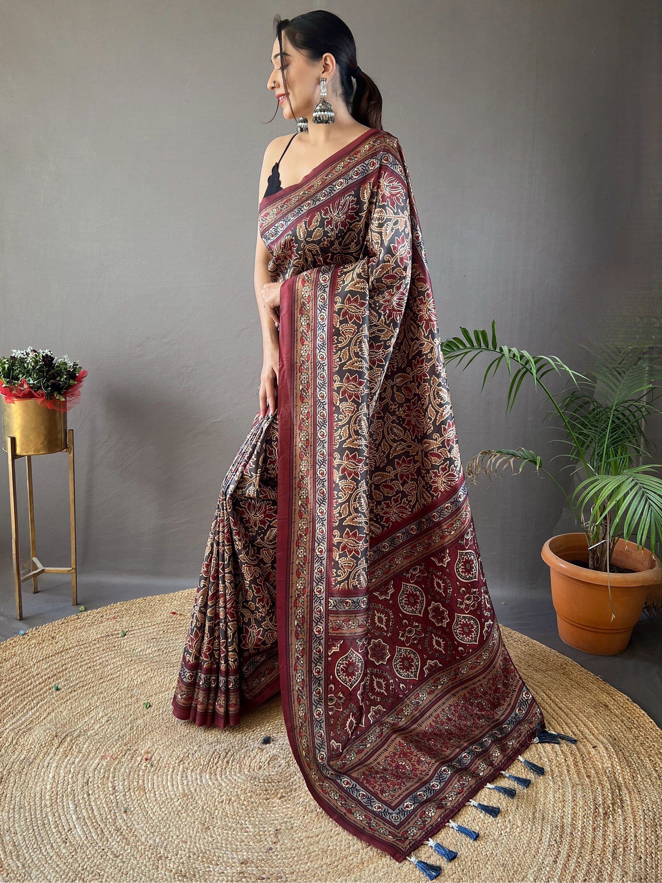 Incredible Black Digital Printed Silk Event Wear Saree With Blouse