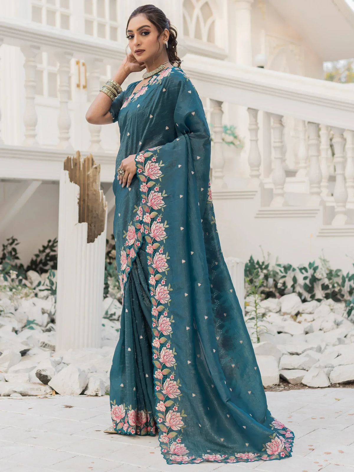 Teal saree with pink floral embroidery, Indian ethnic wear for women