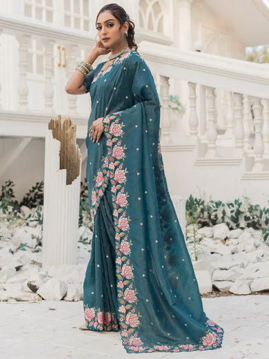 Wonderful Blue Embroidered Silk Festival Wear Saree With Blouse