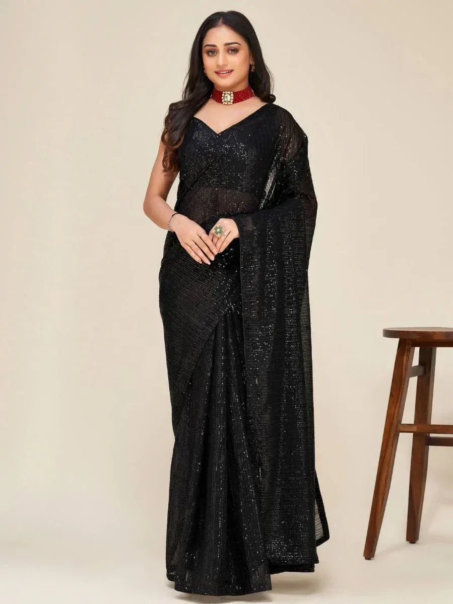 Black sequin saree with sheer blouse, elegant Indian ethnic wear for women