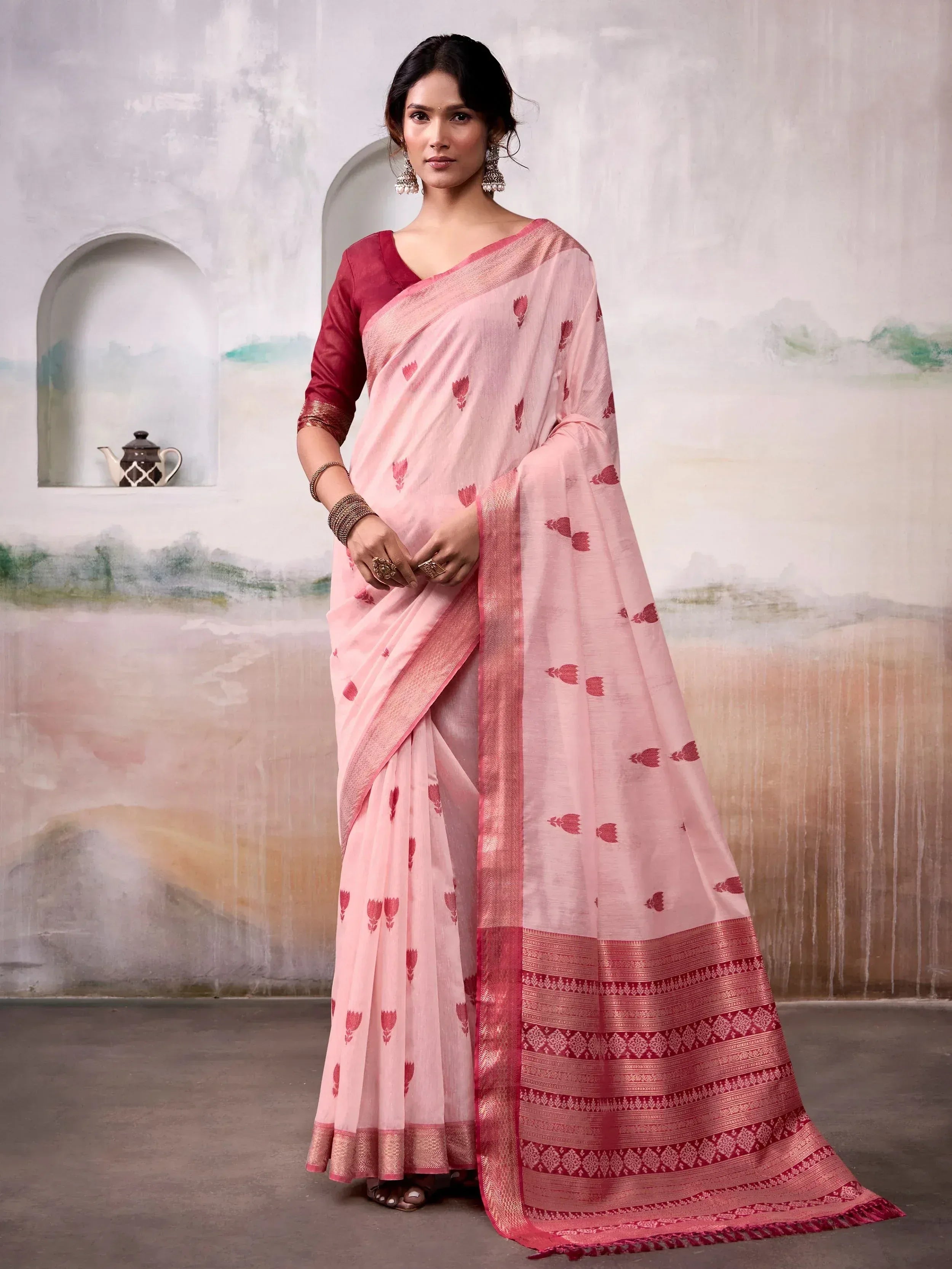 Pink floral printed saree with red border and blouse, Indian ethnic wear