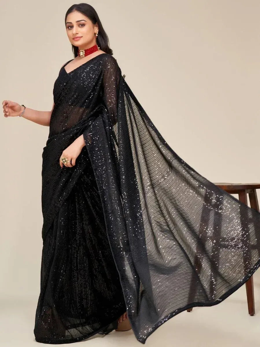 Black sequin saree with sheer blouse, elegant ethnic wear for women