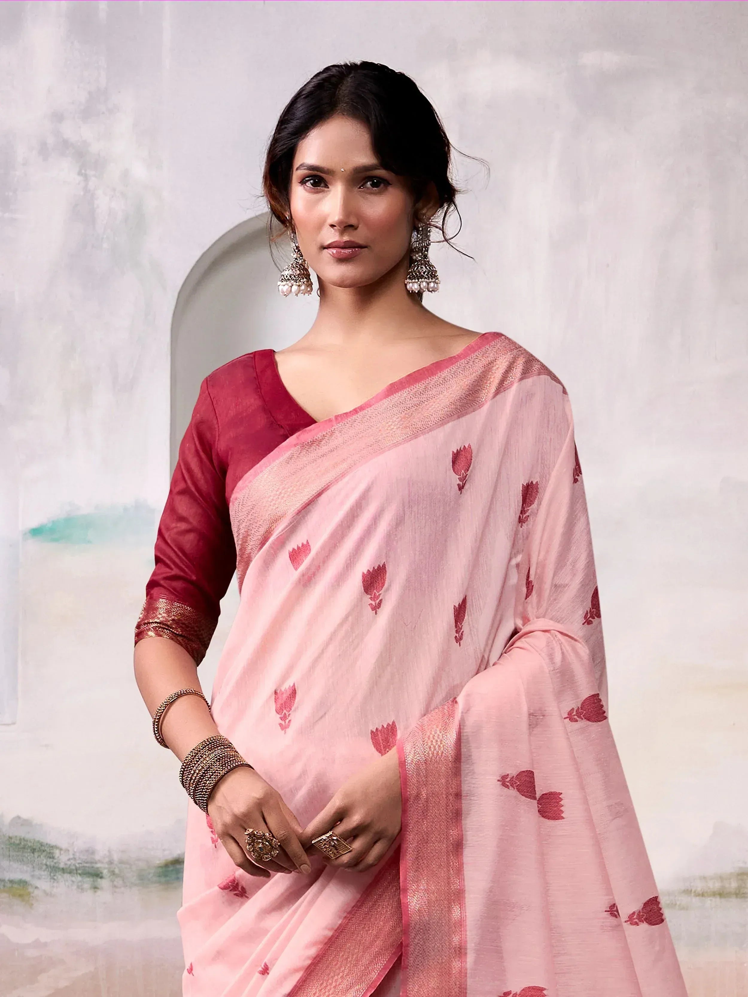 Pink floral saree with red blouse, ethnic Indian wear for women