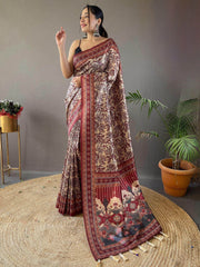 Amazing Cream Digital Printed Silk Wedding Wear Saree With Blouse